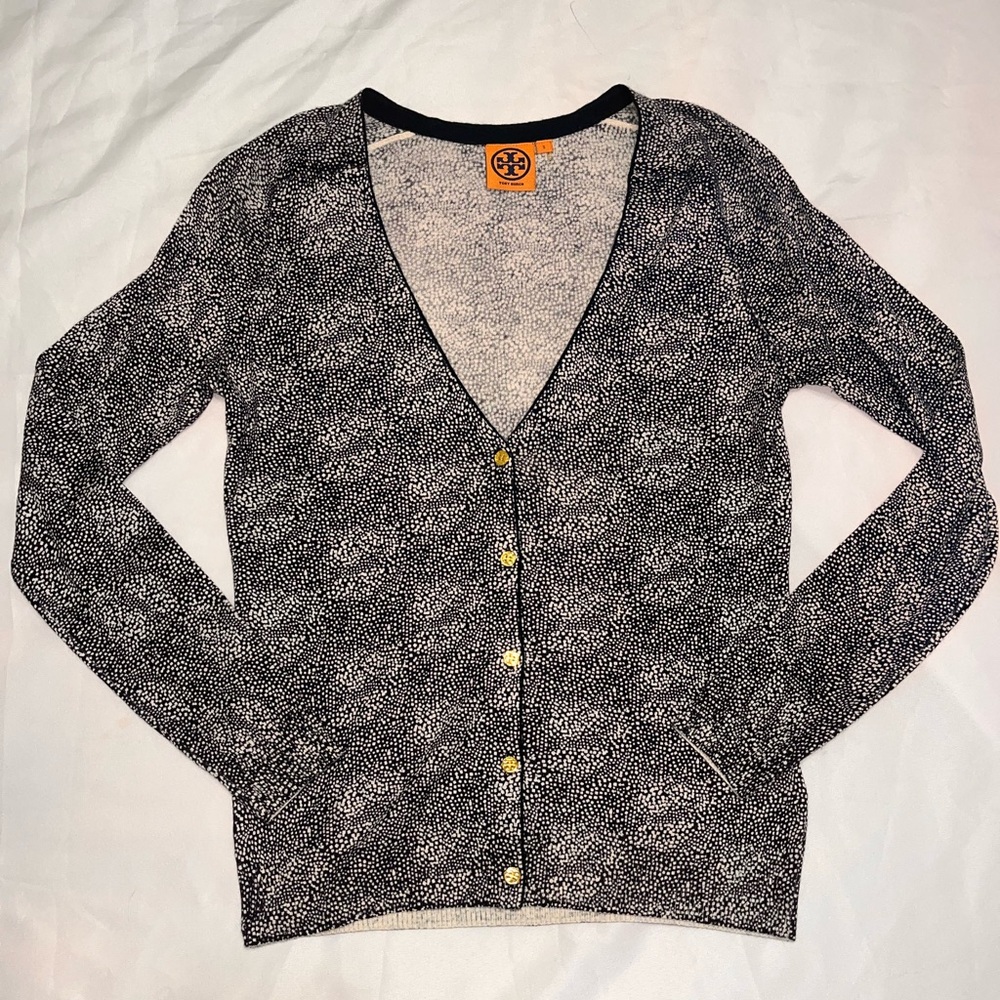 NWOT Tory Burch silk cashmere blend navy cream button up cardigan. Small